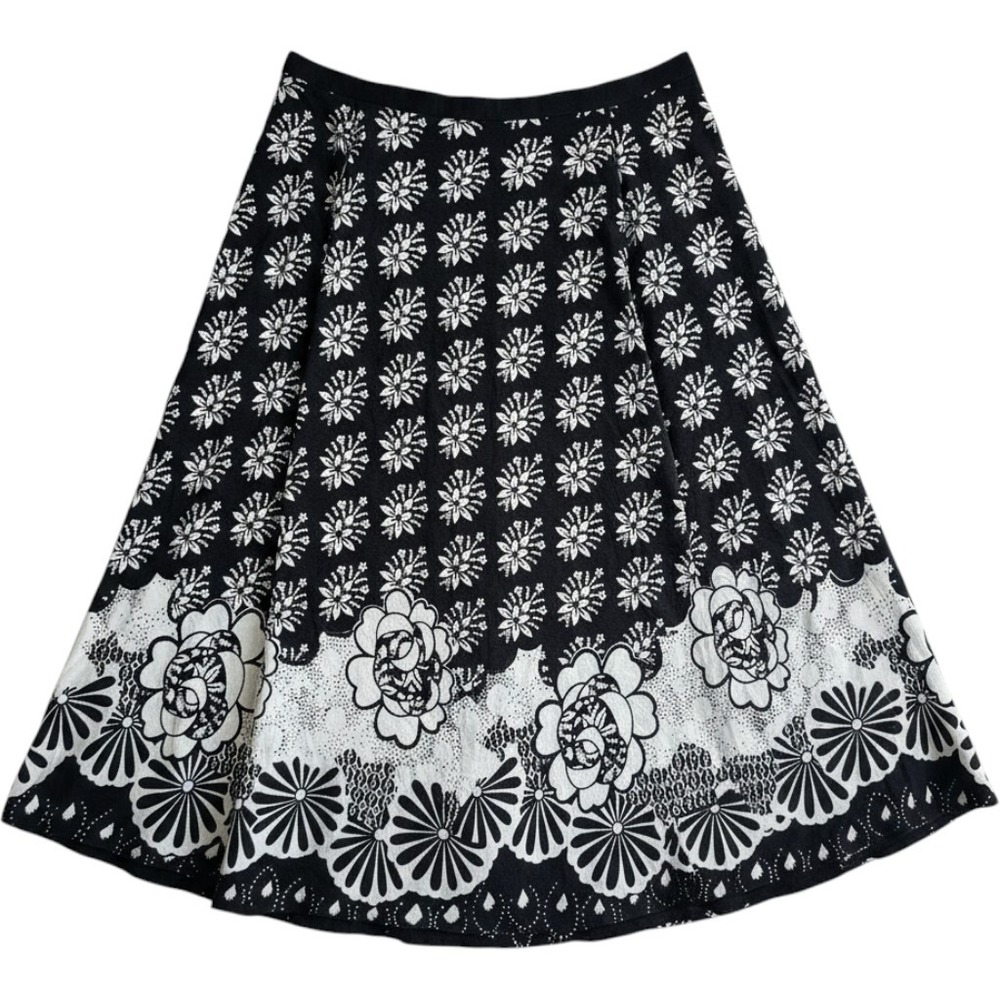 Cassees Black White Floral Cotton Block Print Midi A-Line Skirt Plus Size 3X